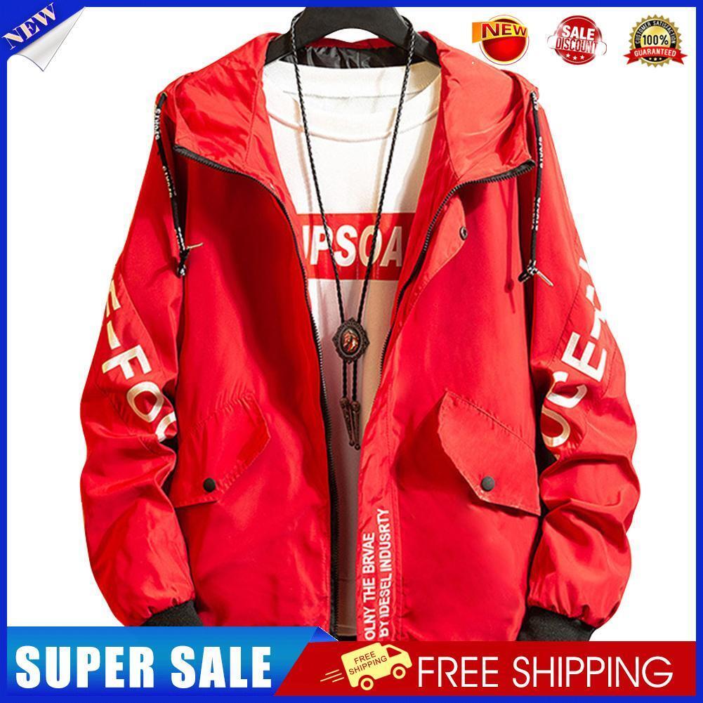 Autumn Winter Men Long-Sleeves Hooded Letters Pockets Jacket (Red L)