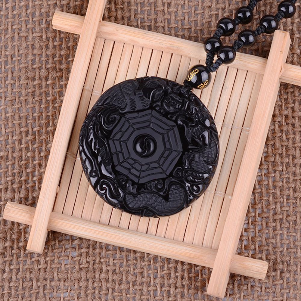 Black Mens Women Dragon Phoenix Carved BaGua Obsidian Necklace Lucky Pendant