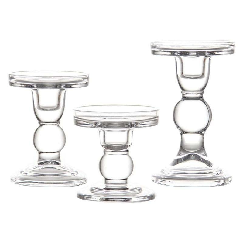 Clear Glass Candle Holder Set of 3 Tall Candlestick Stand Kit Desktop Ornament