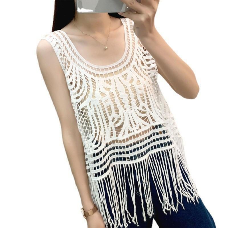 Women Hollow Crochet Lace Boho Sleeveless Vest Sheer Long Tassel Tank Top Blouse