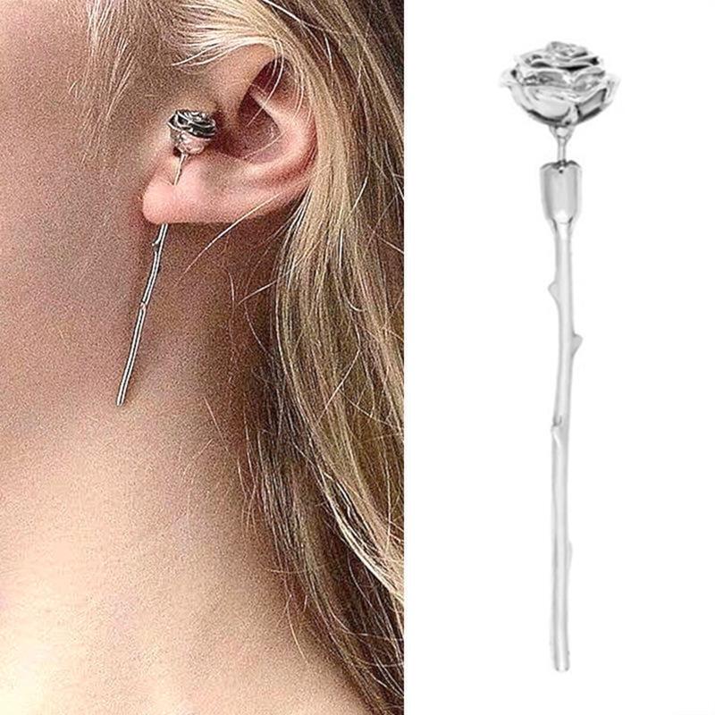 Long Rose Ear Stud Earrings Flower Piercing Earring Fashion Punk Jewelry