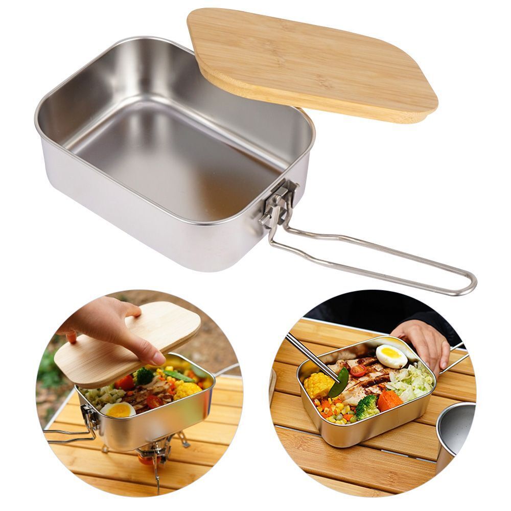 Portable Stainless Steel Lunch Box Wooden Cover Food Container Storage Box