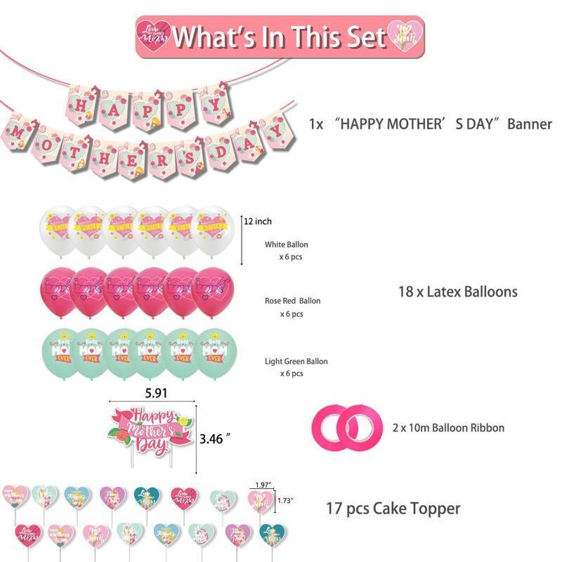 Happy Mother's Day Banner Theme Latex Balloon Heart Shape Cake Topper Kit