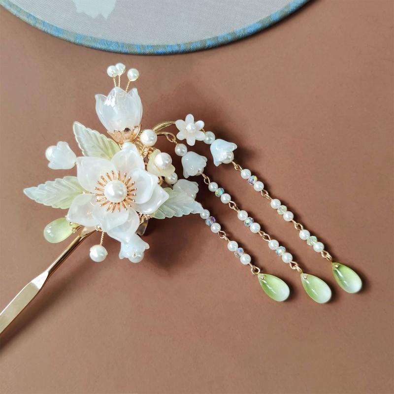 Elegant Chinese Hairpin U Shape Hair Fork Glazed Flower Clip with Tassel Women