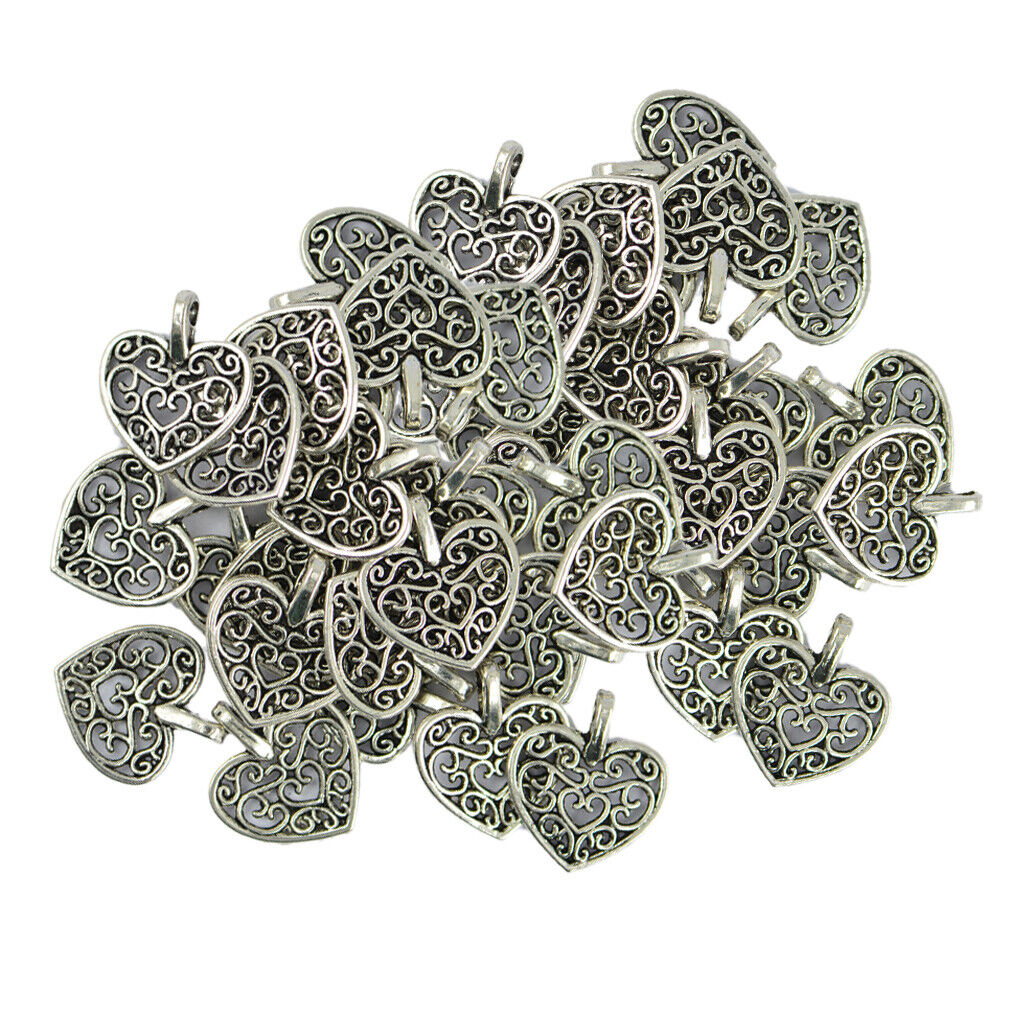 100 Pieces Tibetan  Filigree Heart Charms Pendants for Jewelry Making