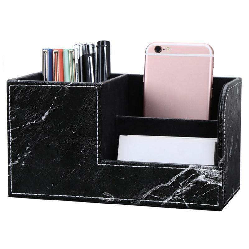 Black Marble Leather Desk Stationery Organizer Pen Pencil Holder Remote Control