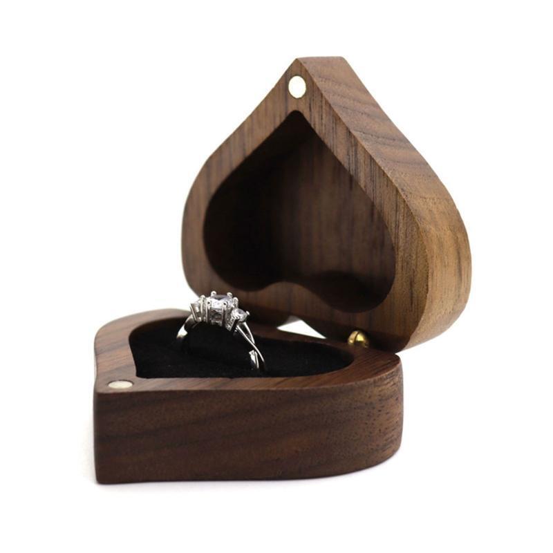 Wood Ring Box Heart Shaped Velvet Ring Holder Jewelry Handmade Wooden Box