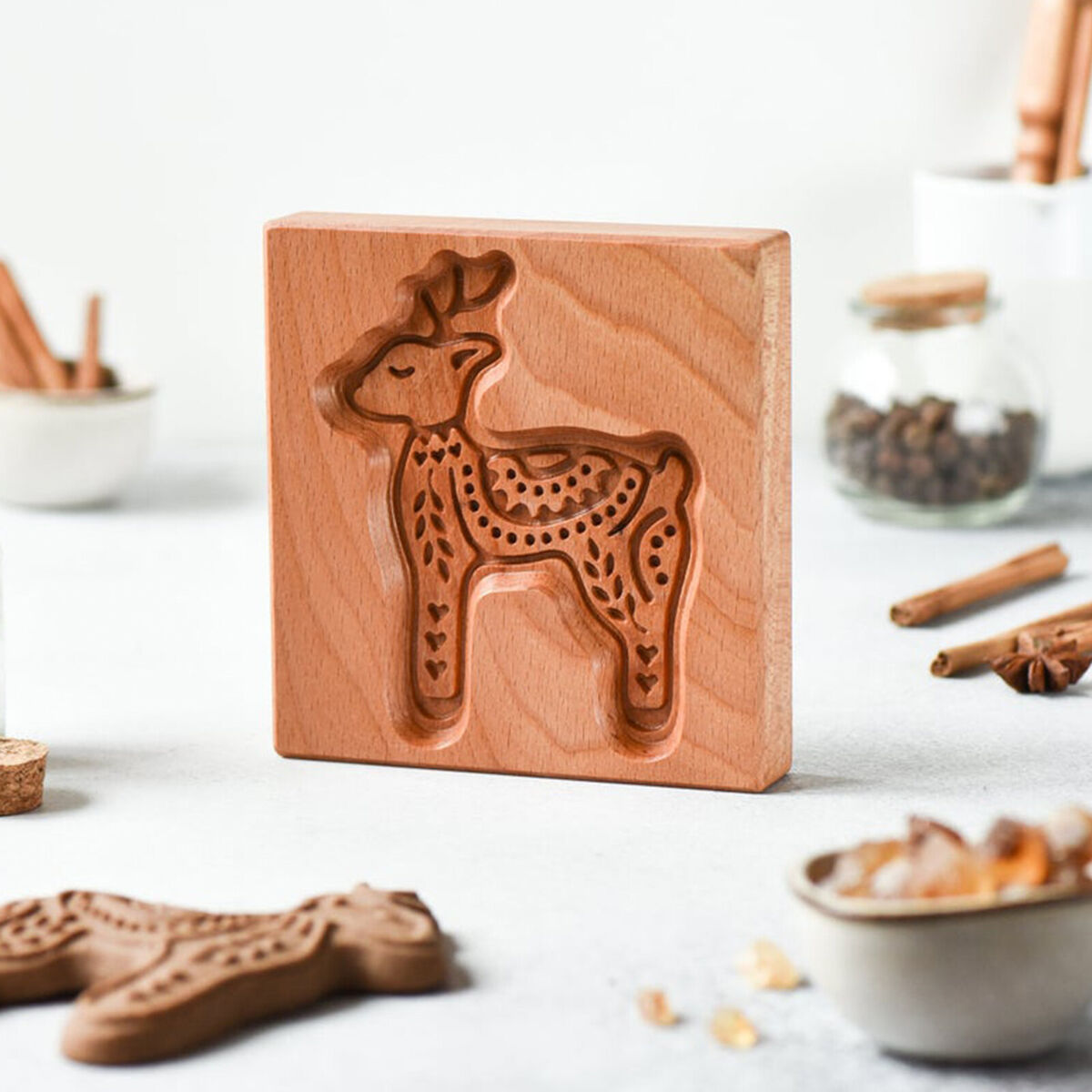 Cookie Mold Cutter - Carved Wooden Gingerbread Cookie Molds for Baking (C)