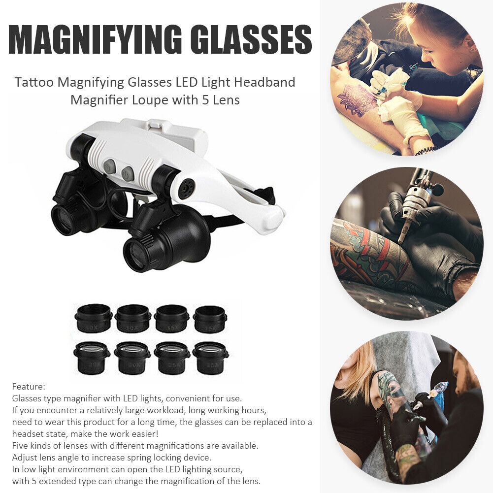 Tattoo Magnifying Glasses LED Light Headband Magnifier Loupe with 5 Lens
