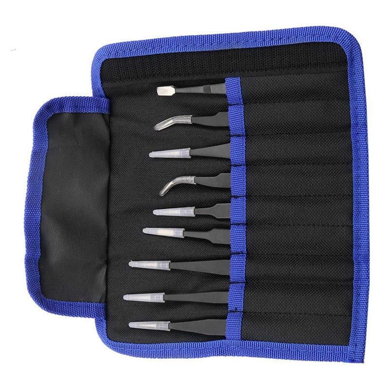 9pcs Stainless steel Tweezer Set Anti-static ESD Tweezers with Non Magnetic Tips