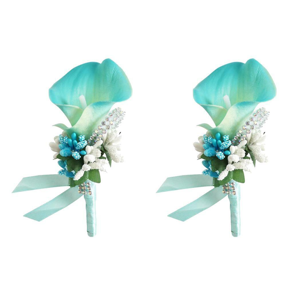 2 Pieces  Calla  Rhinestone Groom Bridal Wedding Corsage Sky