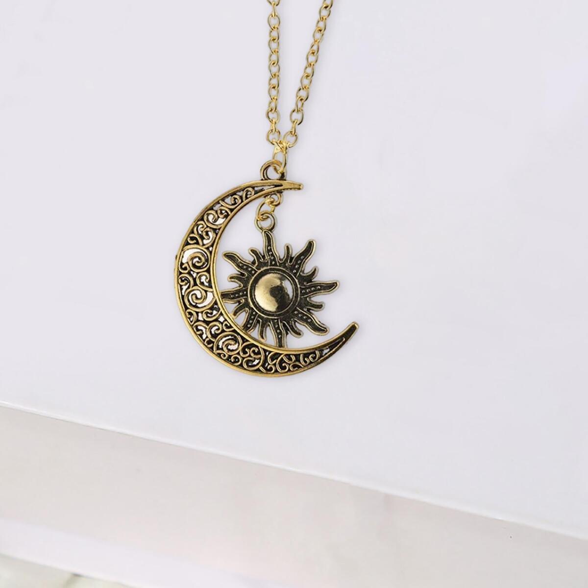 2Pcs Trendy Crescent Moon And Sun Necklace High Polished Jewelry for Women