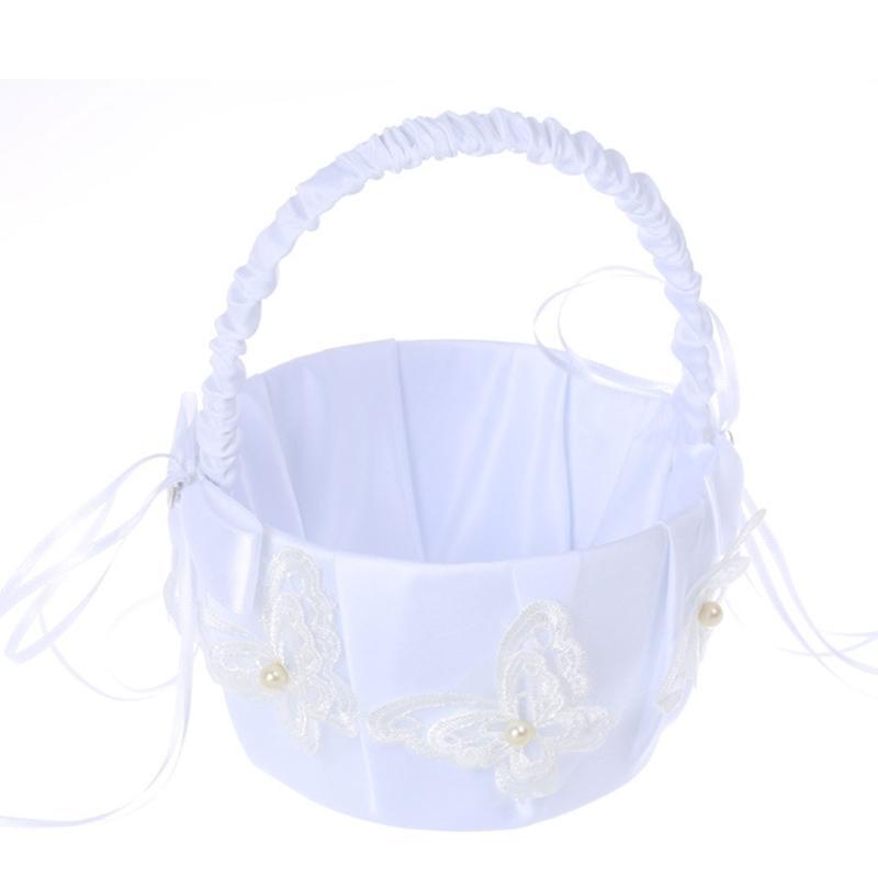 Wedding Flower Girl Baskets with Handle White Small Satin Flower Basket with Bow