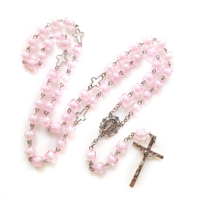 Pink Square Necklace Alloy Long Bead Chain Pendant Yoga Studio Decoration Gift