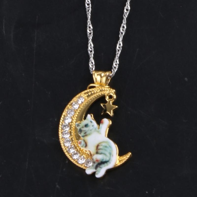 Crescent Moon Cat Pendant Cute Necklace Charm for Girl Halloween Party Jewelry
