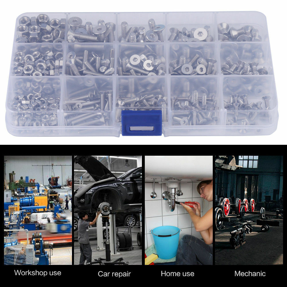 440pc M3 M4 M5 Stainles Steel Hex Socket Flat Head Screw Bolts Nuts kit Durable