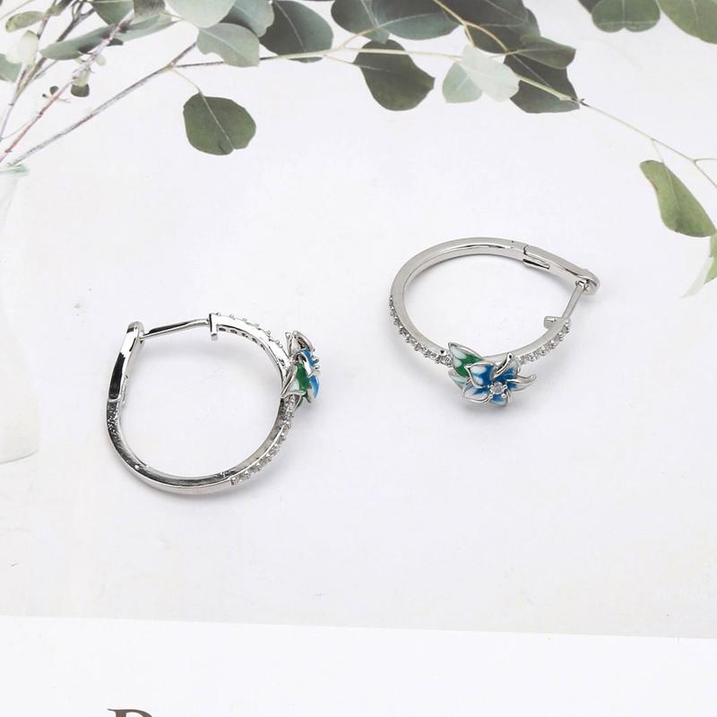 Enamel Floral Zircon  Blue Blooming Flower Hoop Earrings Women Fashion Jewerly