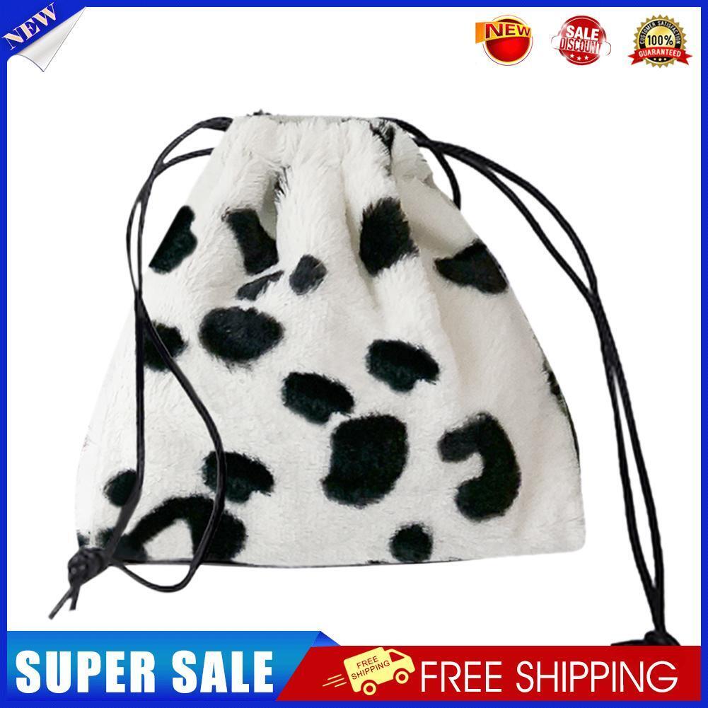 Women Plush Crossbody Bag Cow Milk Print Shoulder Drawstring Mini Handbags