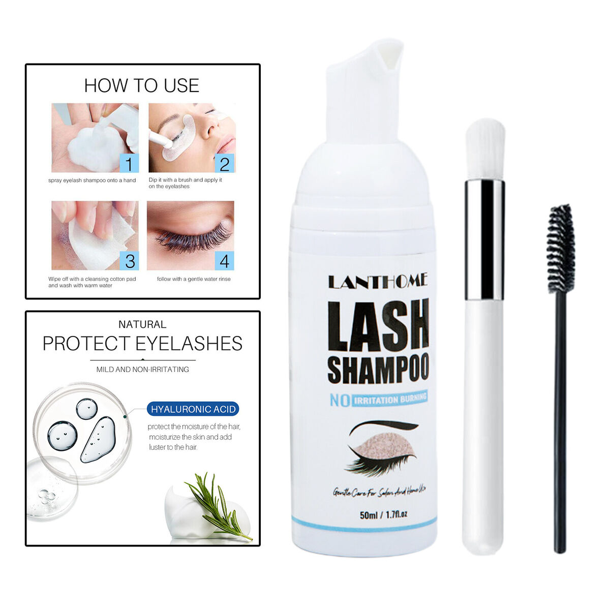Eyelash Extension Shampoo Lash Foaming Cleanser with Brush for Mascara