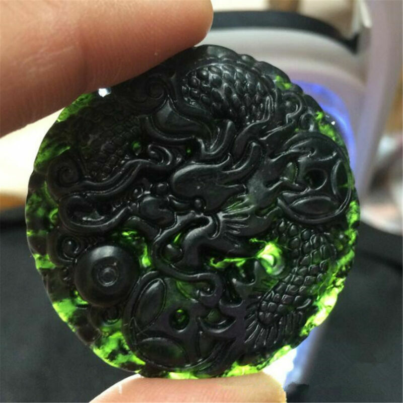 4.5cm Chinese Natural Black Dark Green Jade Carved Dragon Jade Round Pendant