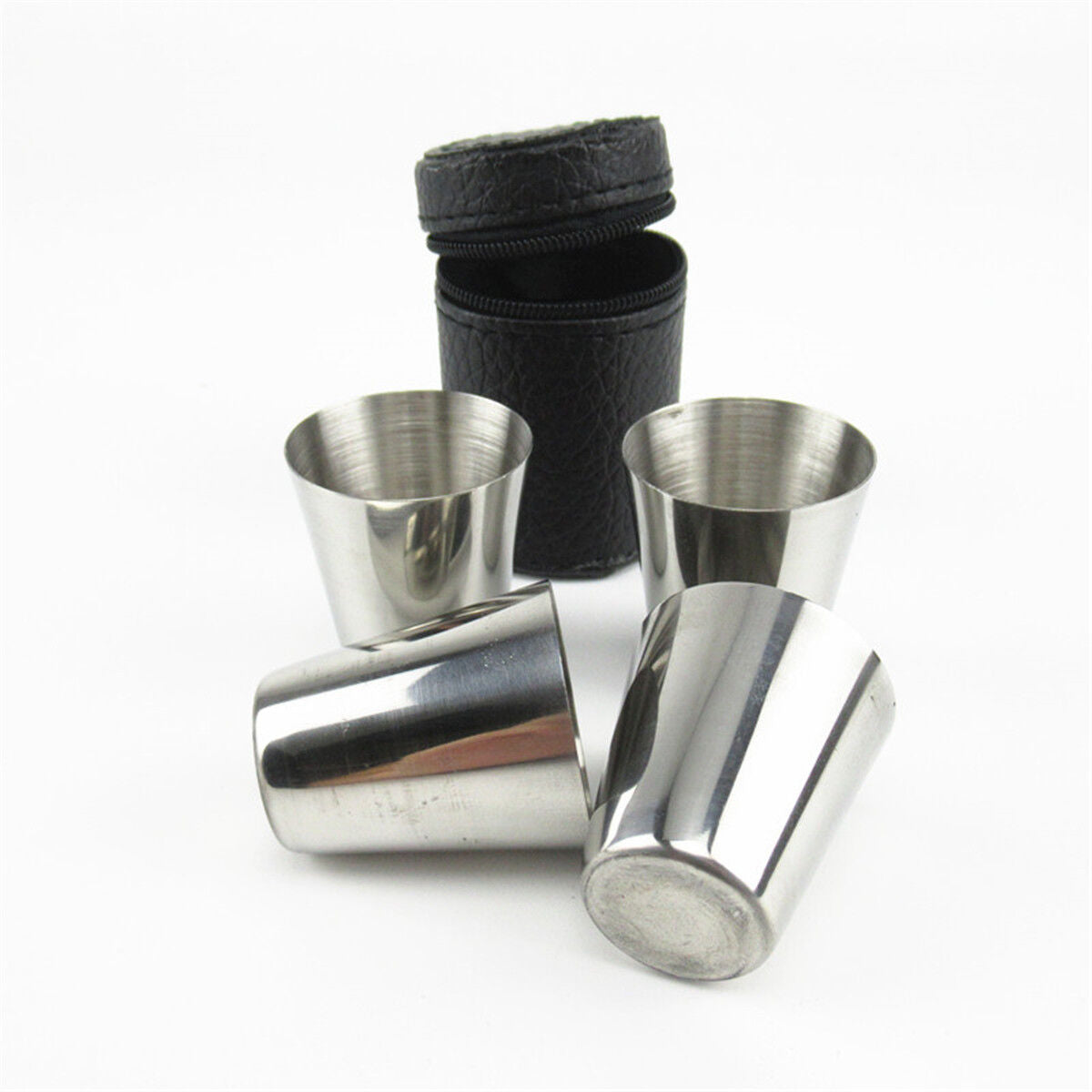 4x Camping / Travel Stainless Steel Shot Glass Set with PU Leather Case Cover