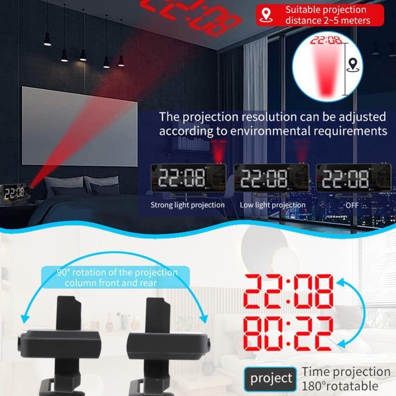 Digital Projection Rechargeable Mirror Alarm Clock with USB Charger LED Display