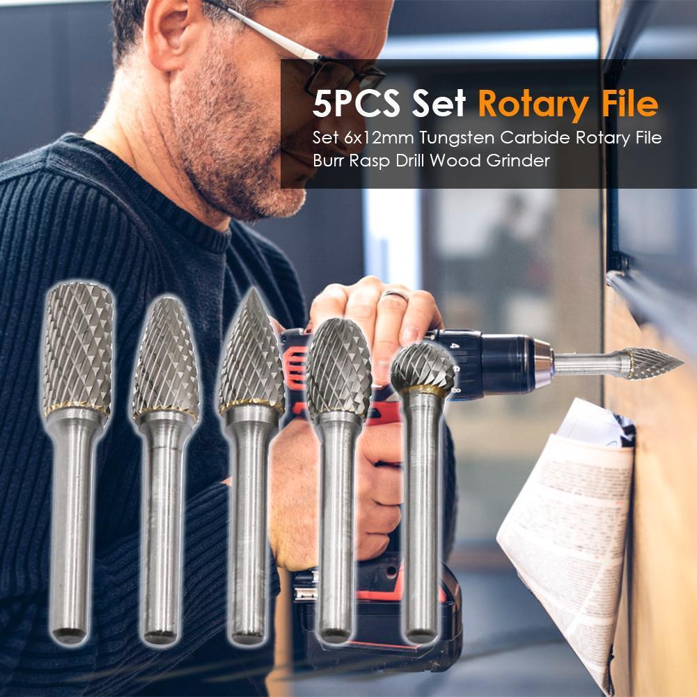5pcs/set 6x12mm Tungsten Carbide Rotary File Burr Rasp Drill Wood Grinder