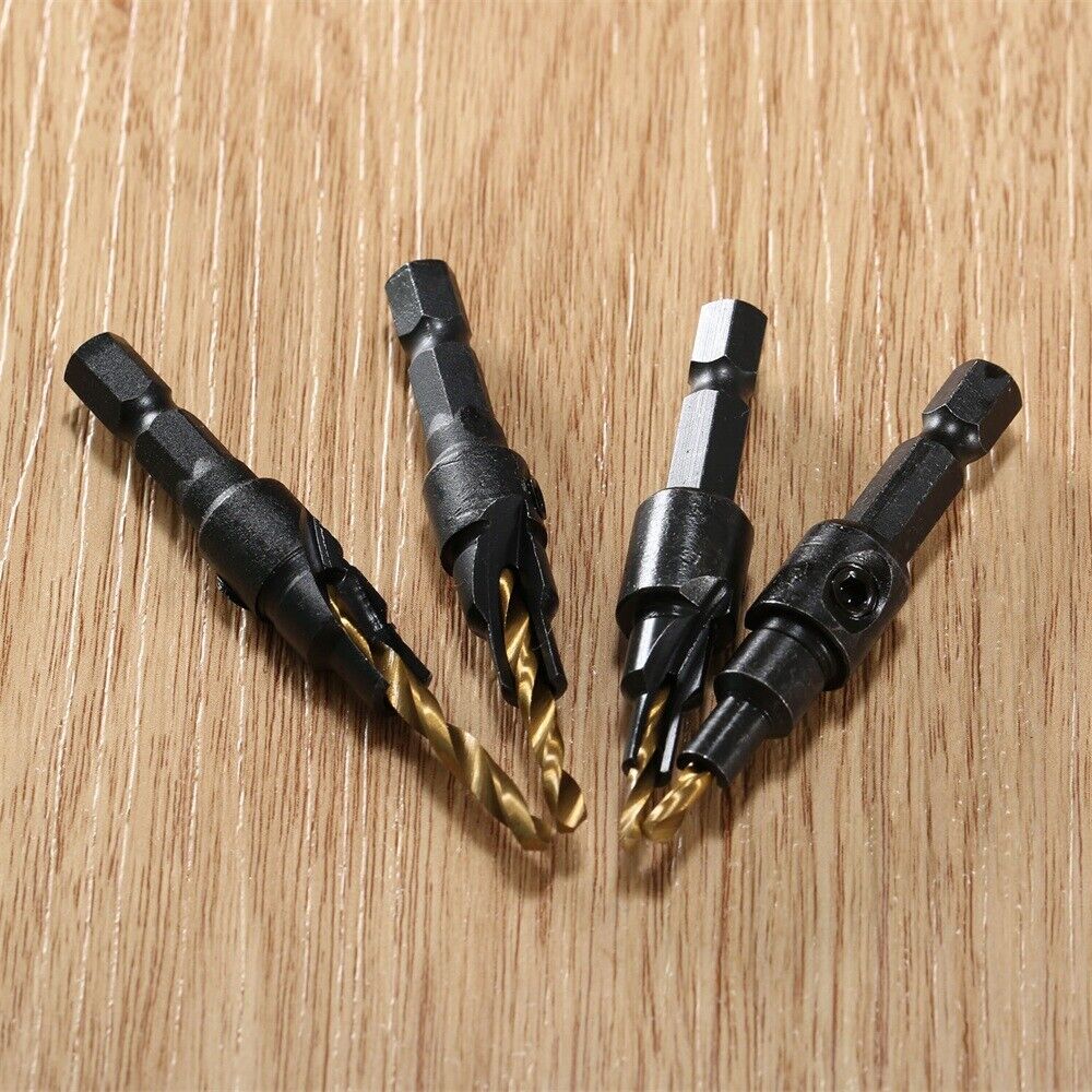 4x HSS Ti Titanium-coated Countersink Drill Bits Kit Hex Shank Woodworking Tool
