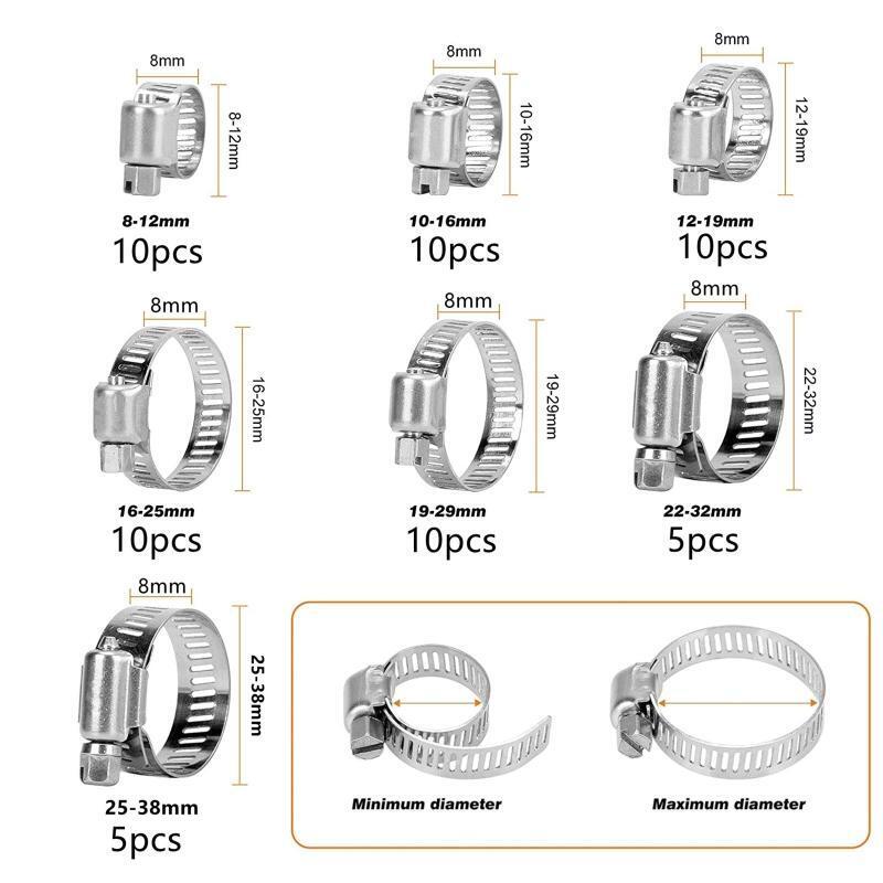 60 Pcs Stainless Steel Hose Clamp Adjustable Worm Gear Hose Clamp Assortment Kit