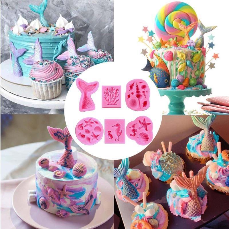 6Pcs/Set Marine Theme Cake Silicone Molds Tail Seahorse Starfish Seashell Mould