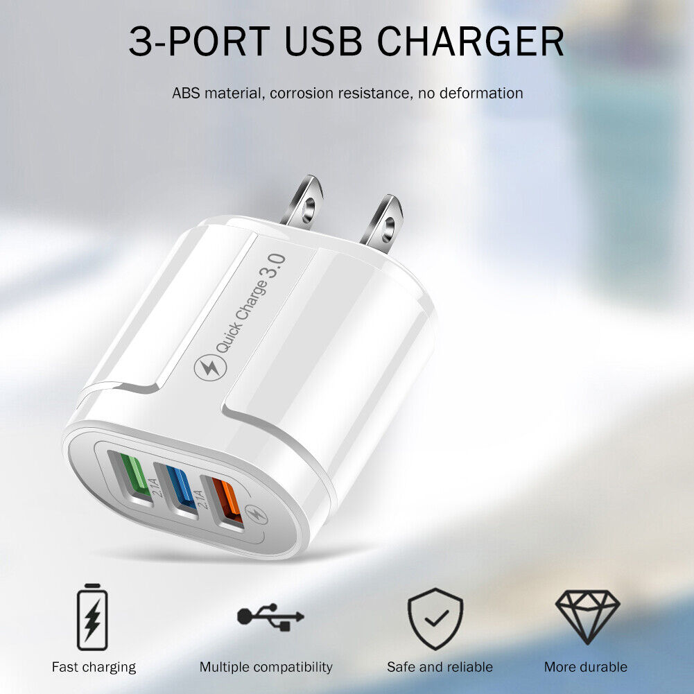 US Plug 3 Port USB Charger QC3.0 Wall Phone Fast Charging Adapter (White)