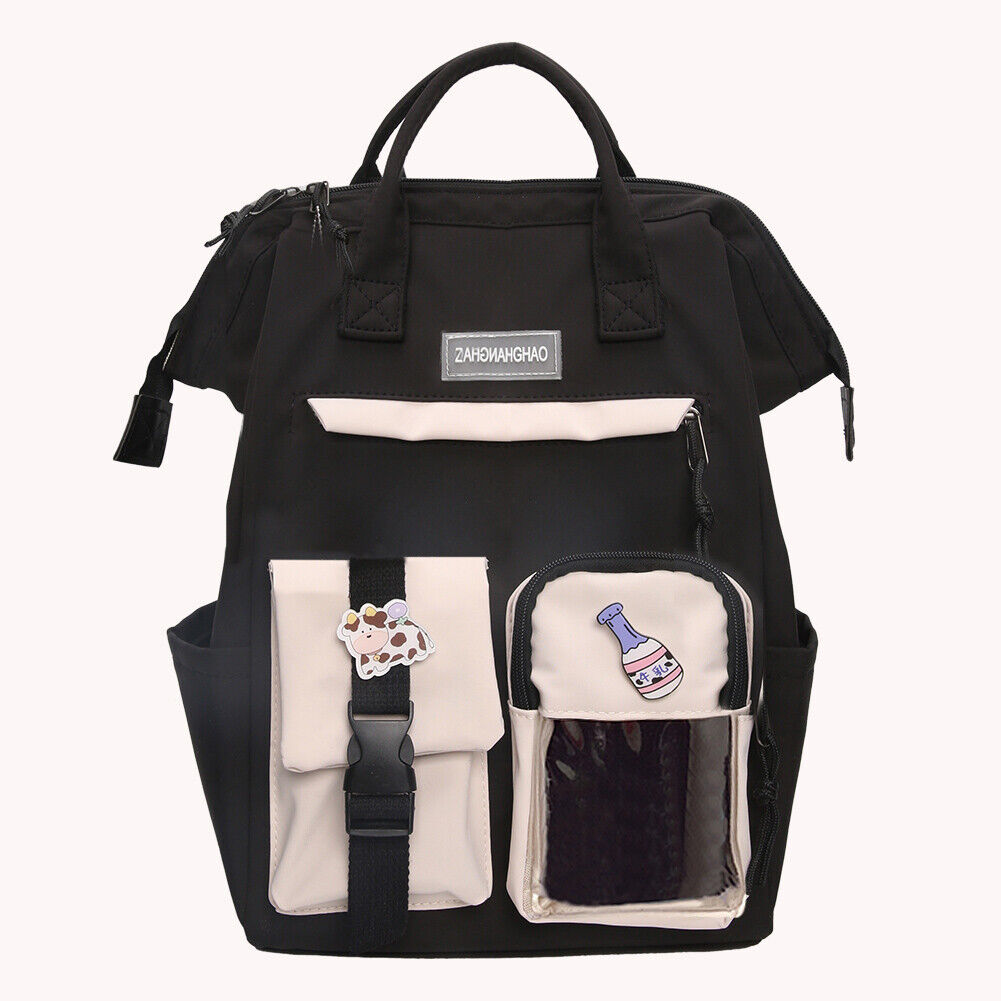 Preppy Style Women Hit Color Backpack Girls School Large Handbags (Black)