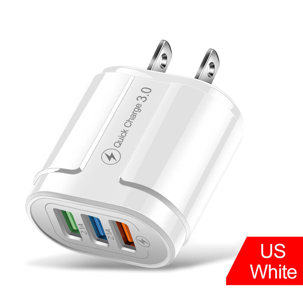 US Plug 3 Port USB Charger QC3.0 Wall Phone Fast Charging Adapter (White)