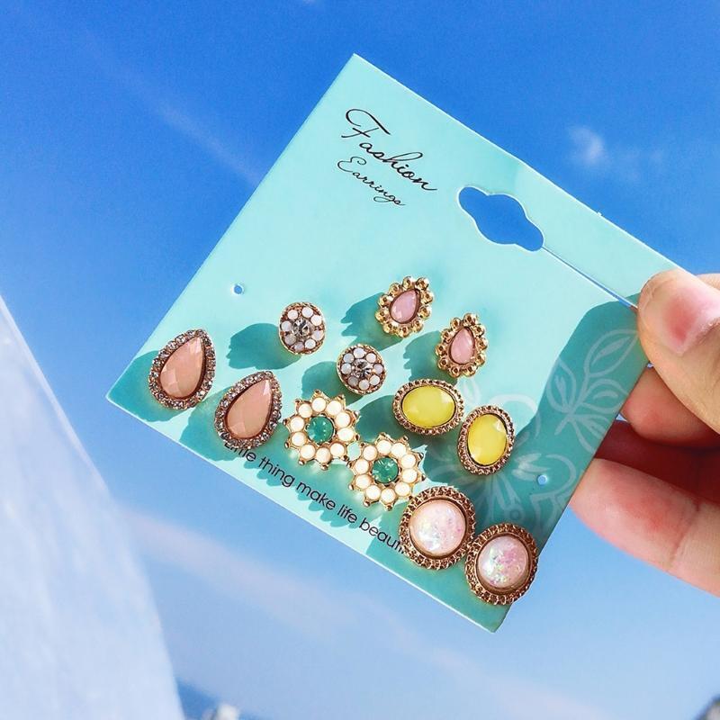 Bohemia Assorted Flower Opals CZ Stone Stud Earrings Set Women Statement Jewelry