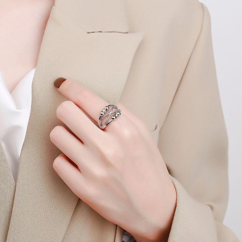 Anti Anxiety Ring with Beads Fidget Spinner Ring Double Hollow Line Rotate Ring