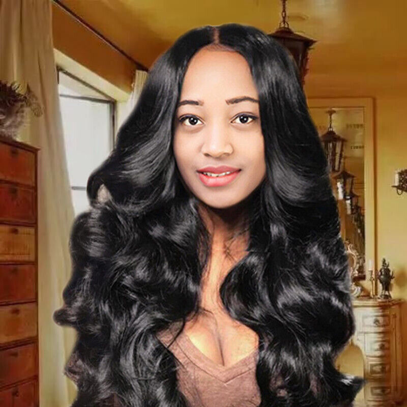 Black Long Curly Wavy Wig Brazilian Remy Human Hair Body Wave Front Wigs Li