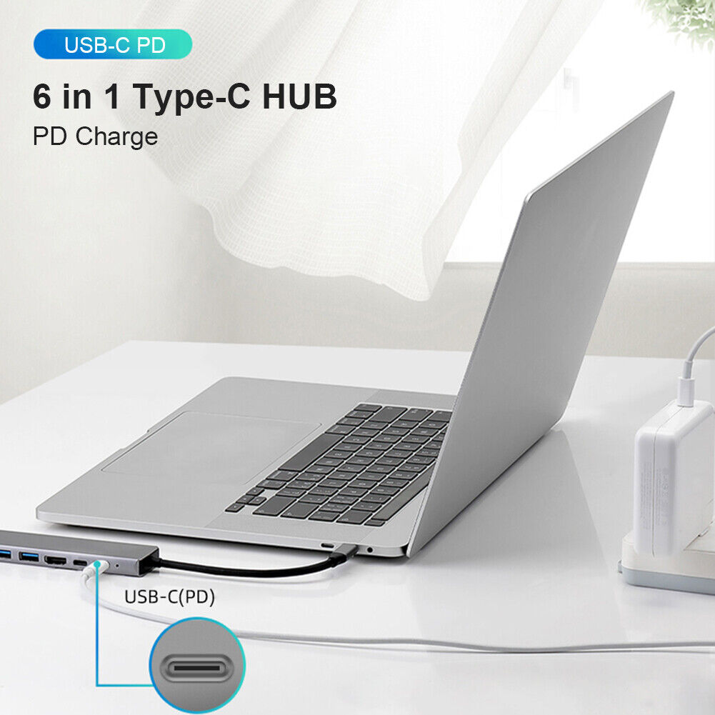 6 in 1 USB C HUB 2 USB 3.0 4K HDMI-compatible Type-C 100W PD RJ45 Adapter f