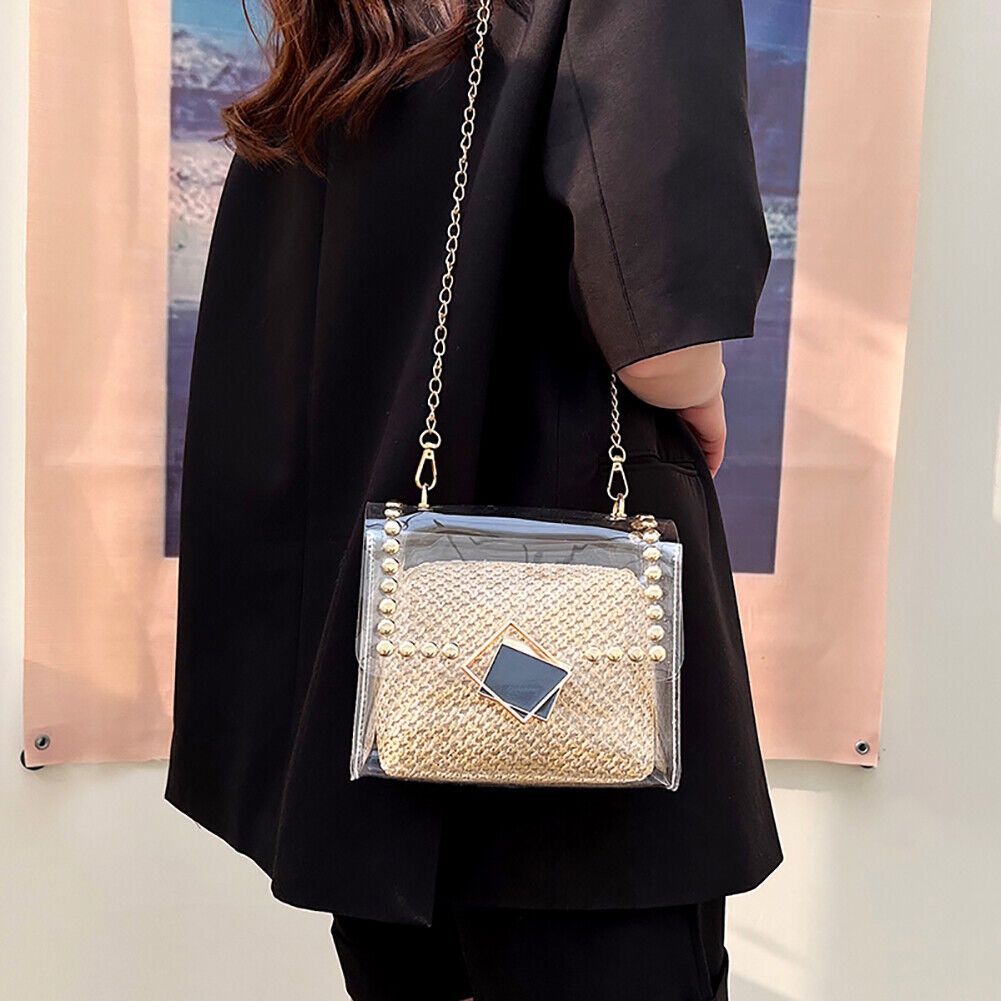 Woven Straw Shoulder Bag Rivet Purse Clear PVC Women Travel Messenger Bags
