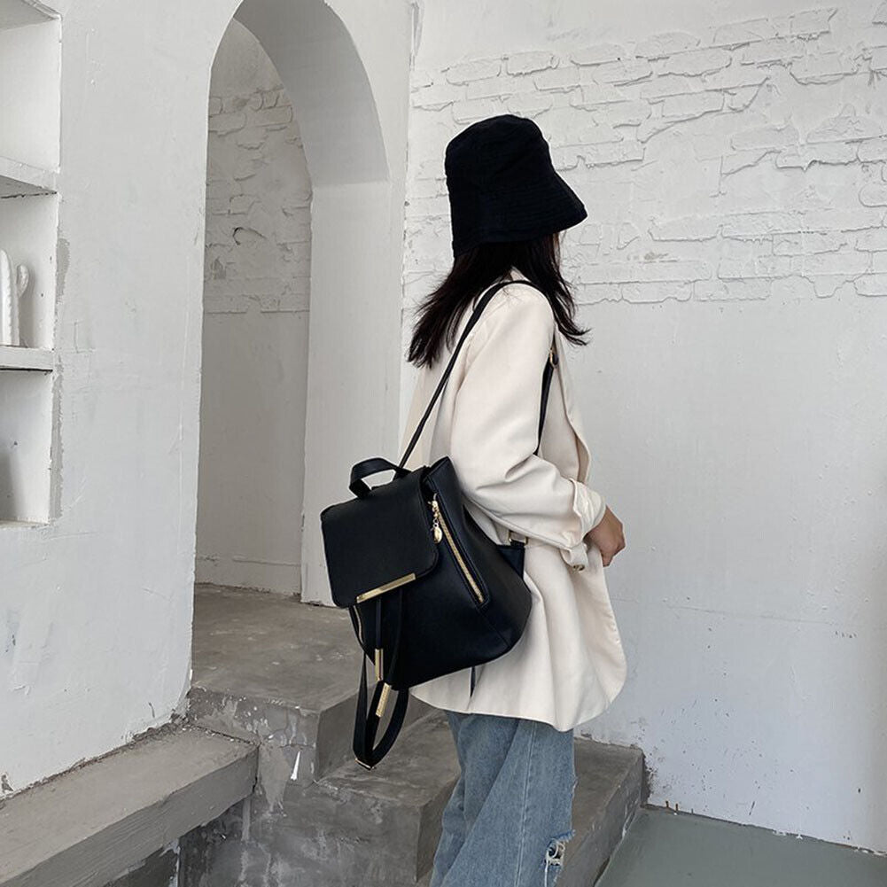 Fashion Women PU Pure Color Backpack Casual Drawstring Handbags (Black A)