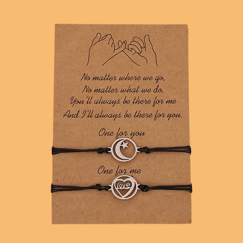 2 Pcs Moon Stars Love Woven Bracelet Set Best Friend Matching Jewelry Gift