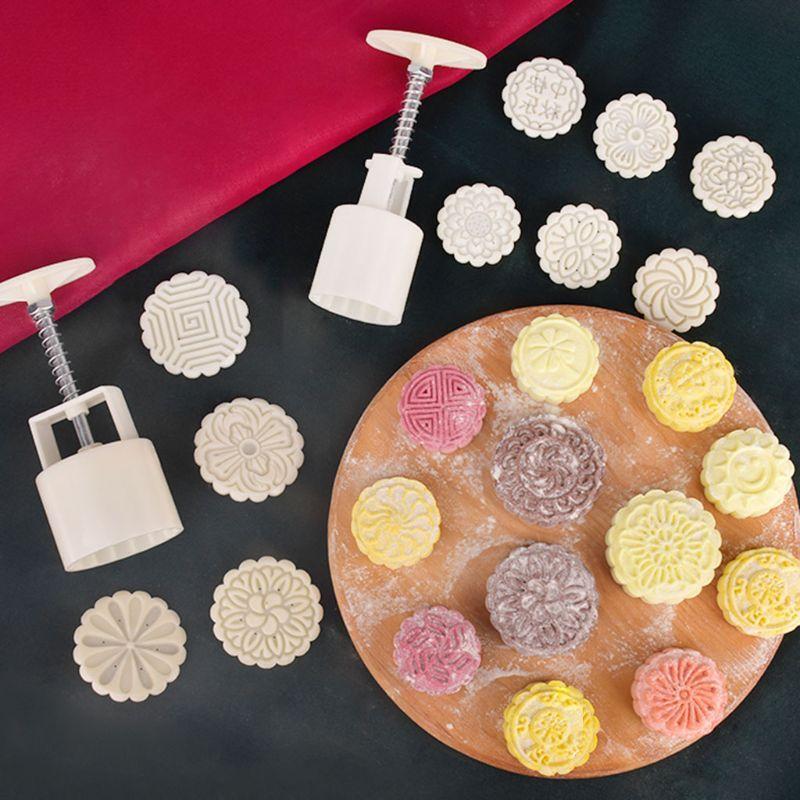 50g Mooncake Mold with 6pcs Flowers Stamps Hand Press Moon Cake Pastry Mould DIY