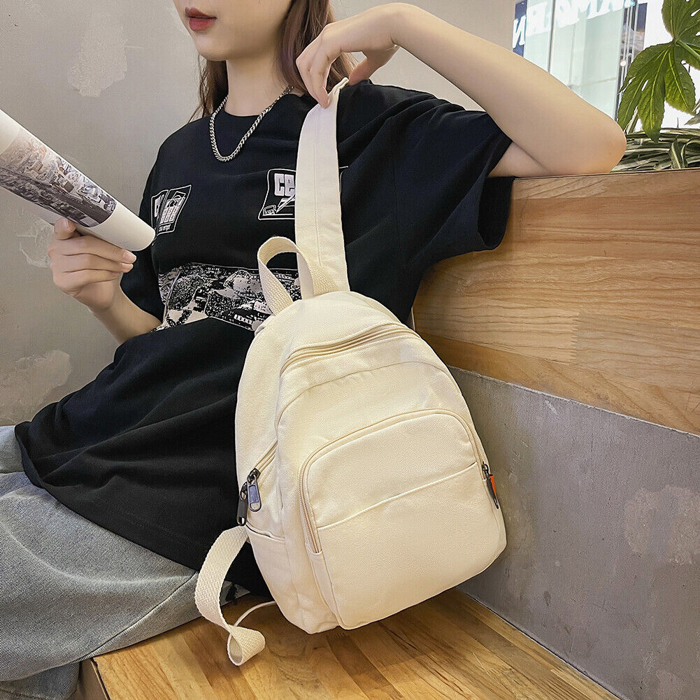 Fashion Women Solid Color Backpack Students Canvas School Knapsacks (White)