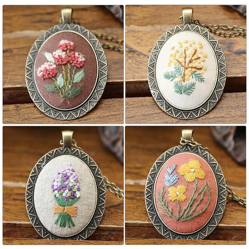 4 Packs Embroidery Starter Kit with Instructions DIY Pendant Cross Stitch Kits