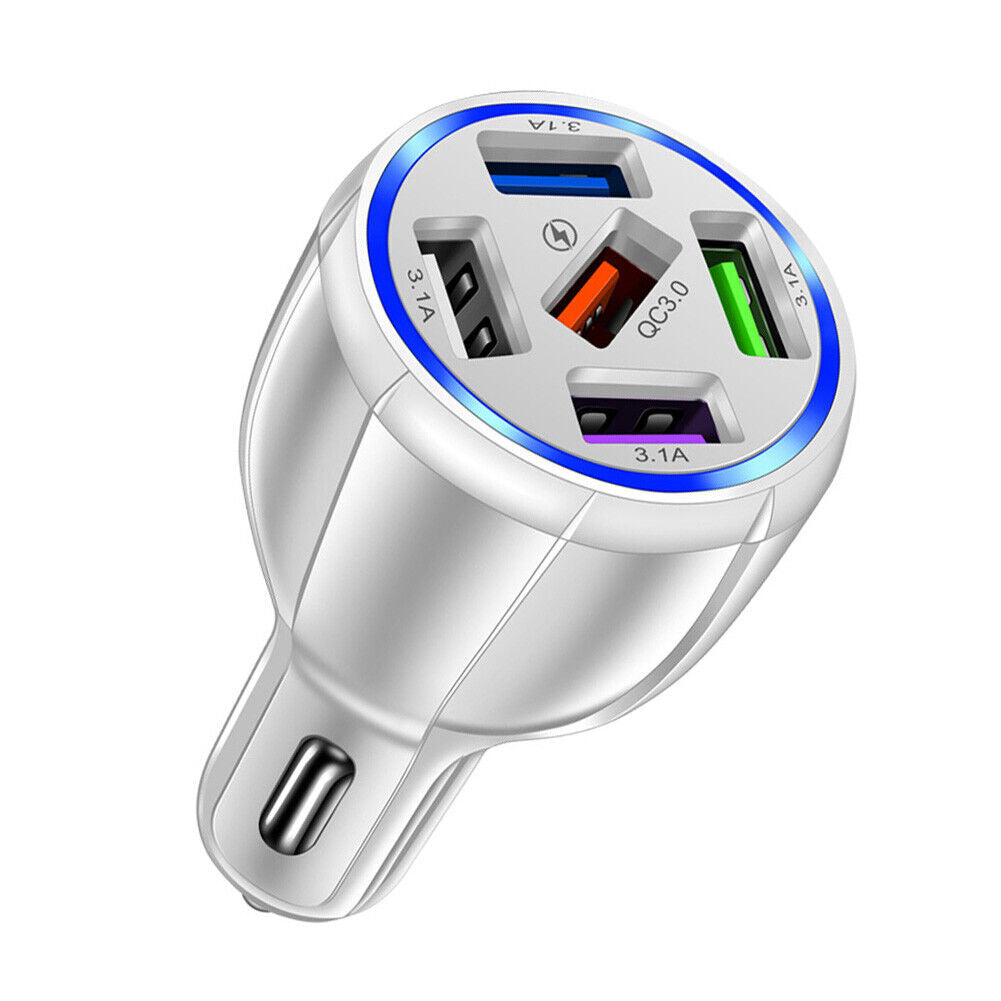 5USB QC3.0 Car Charger 3.1A Multi Ports Phone Fast Quick Charging (White)
