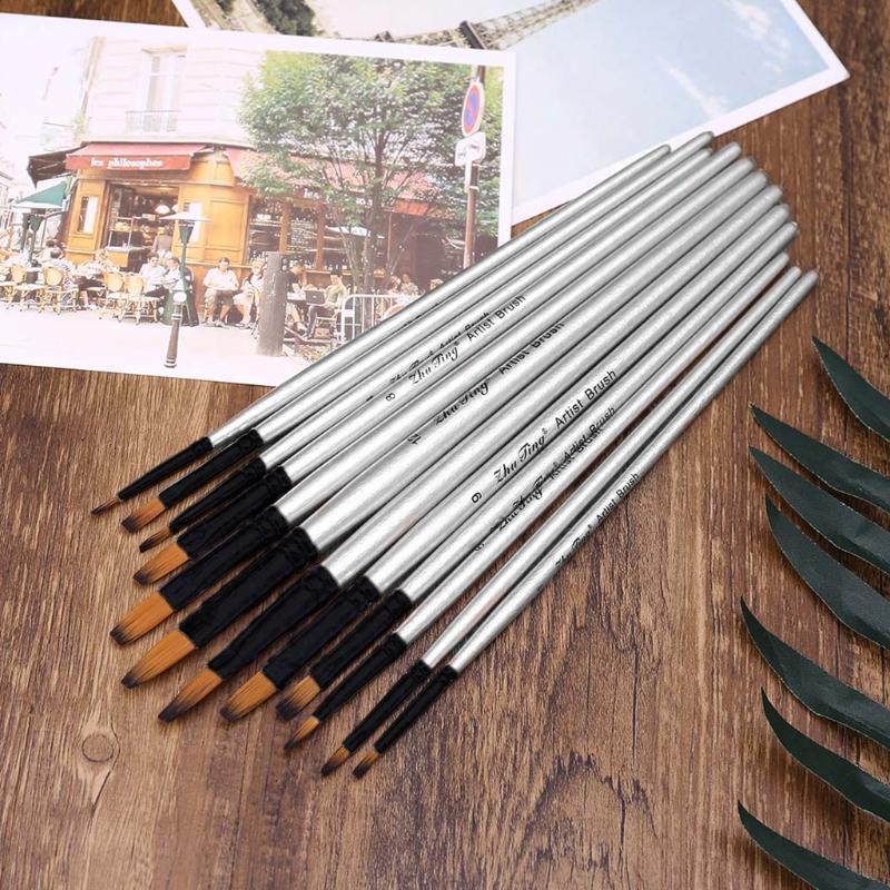 12pcs/set Watercolor Gouache Paint Brushes Wooden Handle Nylon Hair Painting