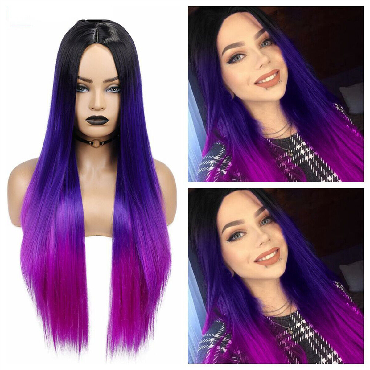 Women Rainbow Wigs Black to Blue to Purple Long Straight Colored Ombre Hair Wigs