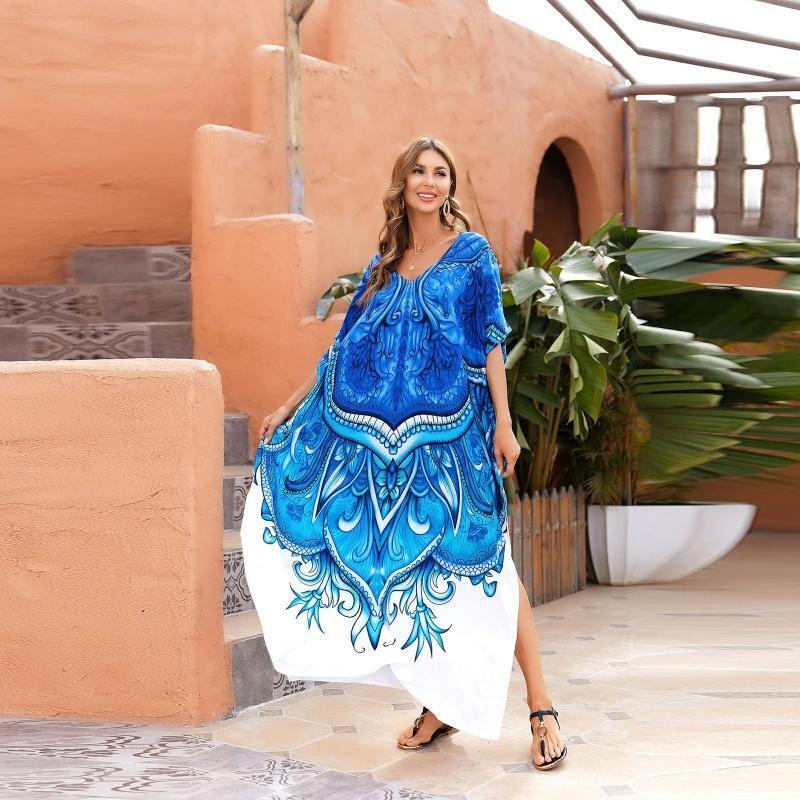 Women Beach Bikini Cover Up Robe V-Neck Kaftan Blue White Floral Maxi Long Dress