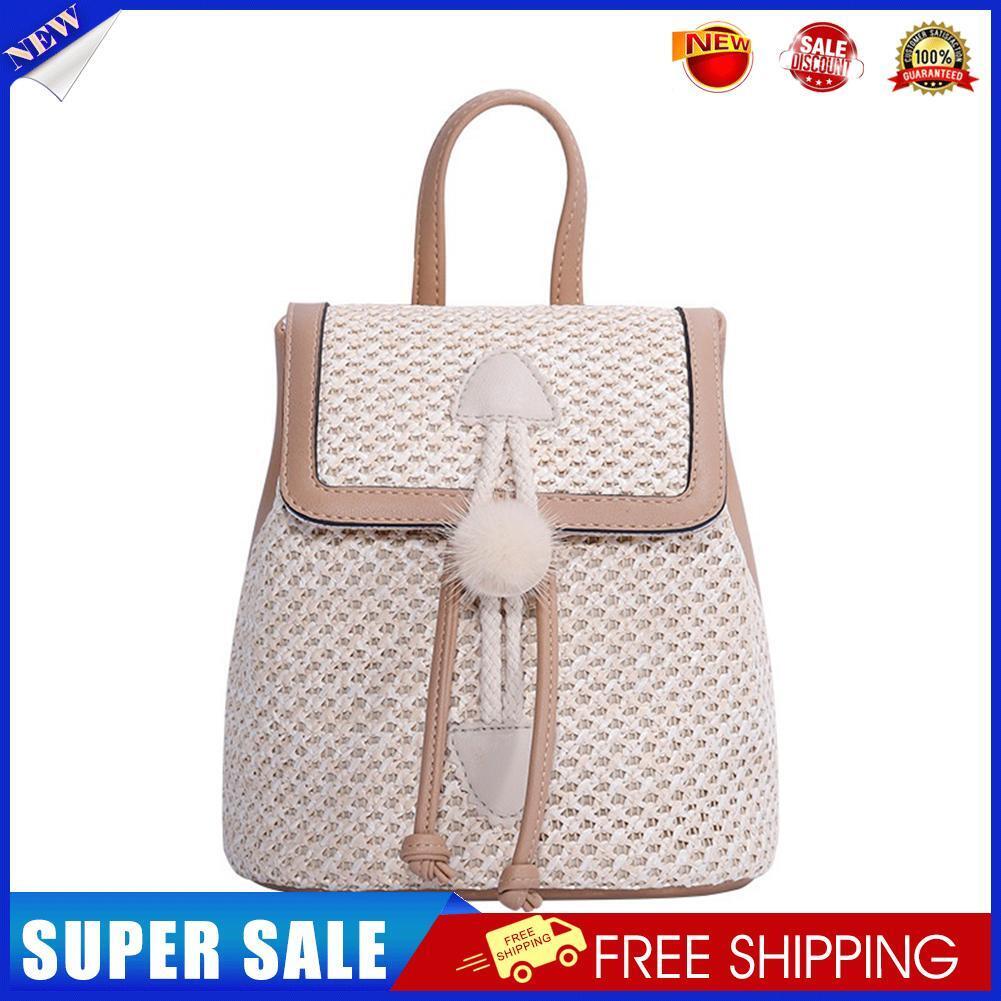 Straw Woven Backpack Beach Women Fashion Leather Pompom Travel Shoulder Bag
