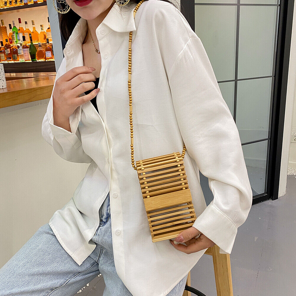 Fashion Women Bamboo Strips Phone Mini Crossbody Shoulder Messenger Bag