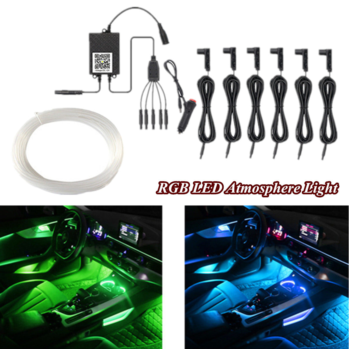 6 In 1 Car Interior LED Ambient Light Fiber Optic Strips Light Music App Control